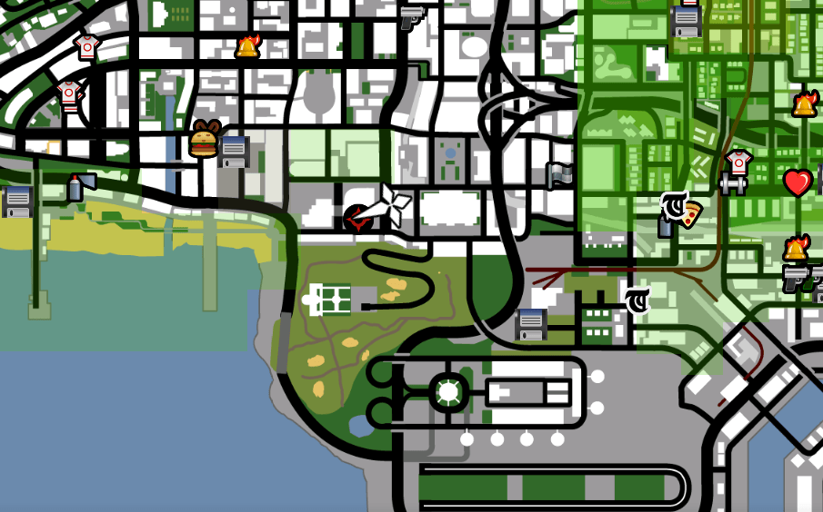 Mapa mostrando a localização da Pistola com Silenciador em Los Santos no GTA San Andreas.